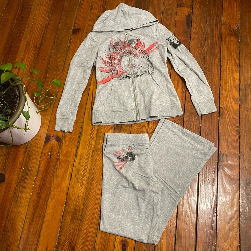 Seven7 Y2K Grey Jogger Set Size M/L bootcut pants & matching hoodie